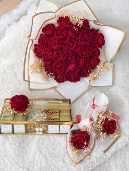 Kız İsteme (Nişan) Çikolatası ve 30'lu Yapay Kırmızı Gül Buketi / 2 'lı Anne Buketi